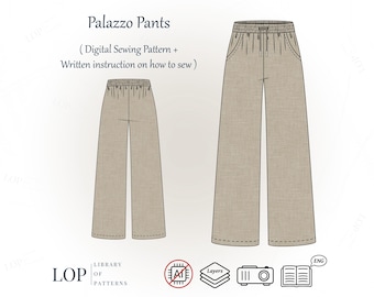 Palazzo Pants Sewing Pattern, Elastic Waistband Pants, Summer Linen Pants pattern, Loungewear, Streetwear, PDF Sewing Pattern + Instructions