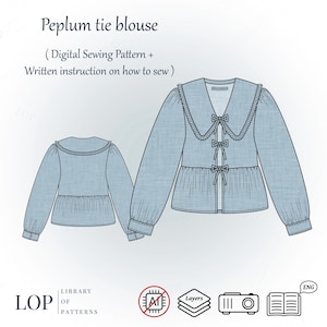 Peplum Tie Blouse Pattern, Puritan Collar Blouse, Written Instructions to Sew it, Digital Sewing Pattern (Updated)