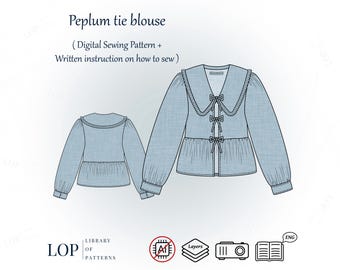 Peplum Tie Blouse Pattern, Puritan Collar Blouse, Written Instructions to Sew it, Digital Sewing Pattern