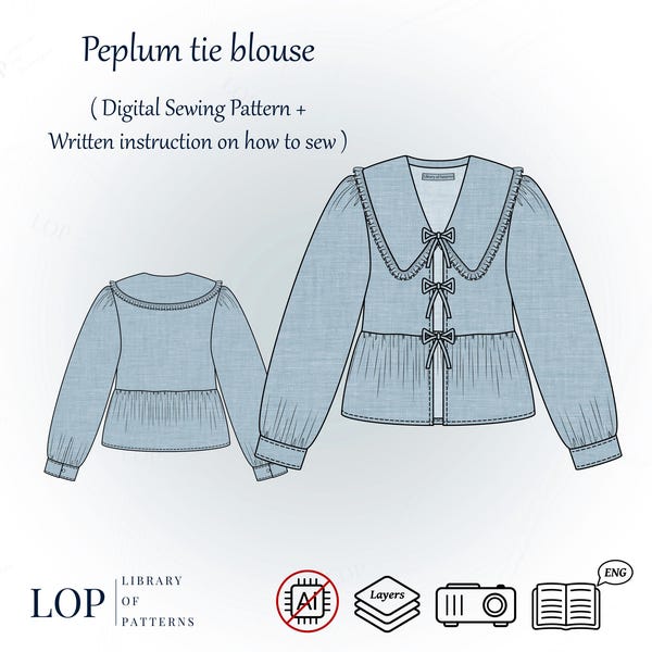 Peplum Tie Blouse Pattern, Puritan Collar Blouse, Written Instructions to Sew it, Digital Sewing Pattern