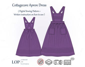 Pinafore Apron Dress Sewing Pattern, Women Cottagecore Apron, PDF Sewing Pattern with Written Instructions