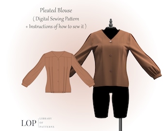 V-neck Pleated Top Sewing Pattern with Pleated Sleeves (PDF Pattern)