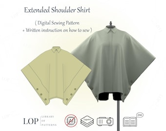 Extended Shoulder Shirt Sewing Pattern with Hidden Placket, with Instructions to Sew It, Digital Sewing Pattern