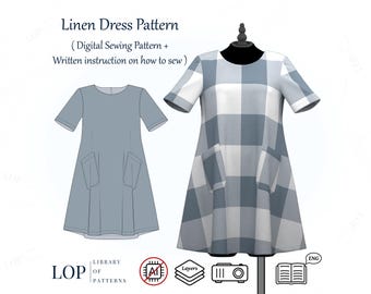 Pocketed Linen Dress Sewing Pattern, with Written Instructions