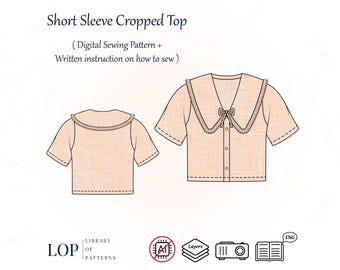 Short Sleeve Cropped Top Pattern, Peter Pan Collar Blouse, PDF Sewing Pattern with Written Instructions