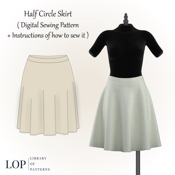 Half Circle Skirt Sewing Pattern with lining, with Instructions to sew it, Digital Sewing Pattern