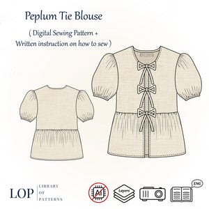 Peplum Tie Blouse Pattern, Puff Sleeves Blouse, PDF Sewing Pattern with Written Instructions