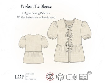 Peplum Tie Blouse Sewing Pattern, Puff Sleeves (PDF Pattern)