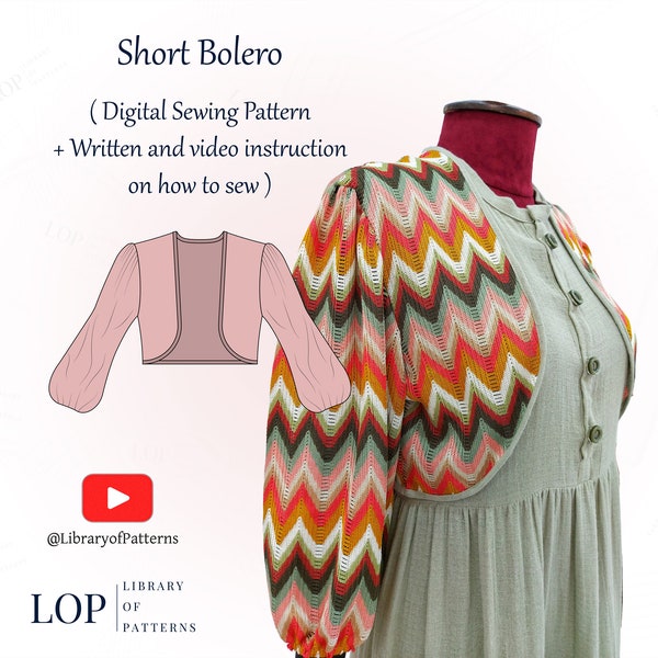 Short Bolero Sewing Pattern, Written and Video Instructions to Sew it, Digital Sewing Pattern