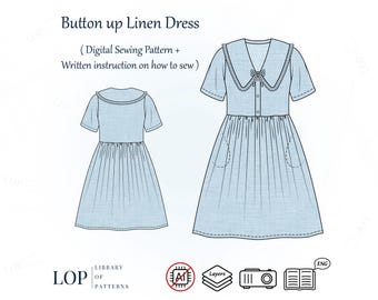 Button up Linen Dress Pattern, Short Sleeves Peter Pan Collar Dress, PDF Sewing Pattern with Written Instructions