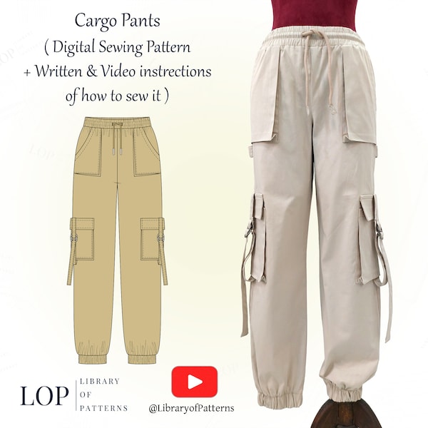 Cargo Pants Sewing Pattern, Women Cargo Pants, Written and Video Instructions to Sew it