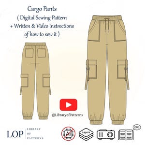 Cargo Pants Sewing Pattern, Women Cargo Pants, Written and Video Instructions to Sew it