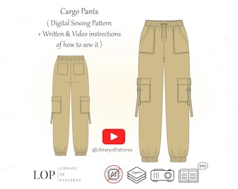Cargo Pants Sewing Pattern, Women Cargo Pants, Written and Video Instructions to Sew it