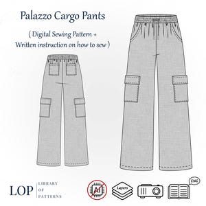 May include: Digital sewing pattern for Palazzo Cargo Pants. The illustration shows two pairs of light gray palazzo cargo pants with pockets and elastic waistbands. The text on the image says "Palazzo Cargo Pants" and "Digital Sewing Pattern + Written instruction on how to sew".