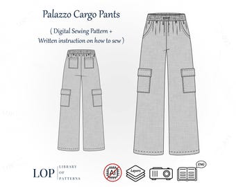 Palazzo Cargo Pants Sewing Pattern, Elastic Waist Pants, PDF Sewing Pattern + Instructions
