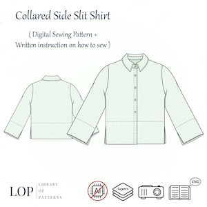 May include: Line drawing of a collared side slit shirt, showing front and back views. The shirt has long sleeves and a button-down front. Text at the top reads "Collared Side Slit Shirt" and "(Digital Sewing Pattern + Written instruction on how to sew)".