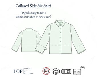 Women Shirt Sewing Pattern – Button Up Collared Top with Side Slits – PDF Digital Download