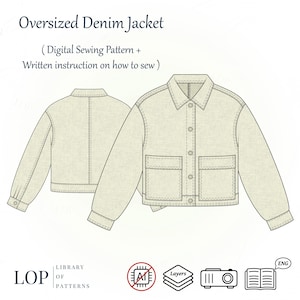Patron de couture de veste en jean oversize - Veste courte pour femme avec poche plaquée - Patron numérique PDF