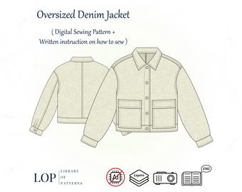 Oversized Denim Jacket Sewing Pattern – Cropped Women Jacket with Patch Pocket – Digital PDF Pattern