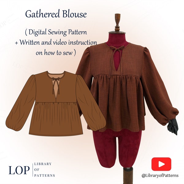 Gathered Blouse Pattern, linen blouse sewing Pattern, Written and Video Instructions to Sew it, Digital Sewing Pattern