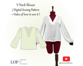 V-neck Top Sewing Pattern, Puffed sleeves Blouse, PDF Sewing Pattern + Video Instructions