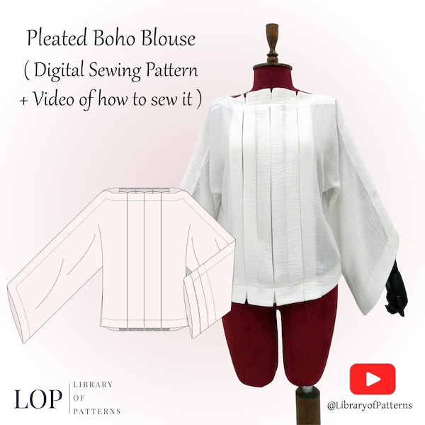 Boho Blouse Sewing Pattern, Pleated Linen Blouse, with Video Instructions to Sew it, Digital Sewing Pattern