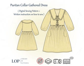 Puritan Collar Gathered Dress Pattern, Front Ties Puff Sleeves Pocketed Women Dress, PDF Sewing Pattern with Written Instructions