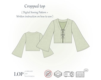Cropped Top Sewing Pattern, Bell Sleeve Blouse, V neck Tie Top, PDF Sewing Pattern with Written Instructions