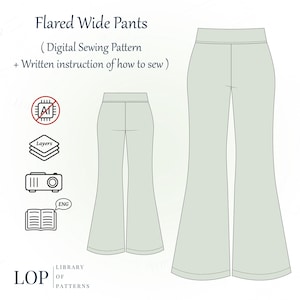 May include: A digital sewing pattern for flared wide pants. The pattern includes instructions on how to sew the pants. The image shows a line drawing of the pants.