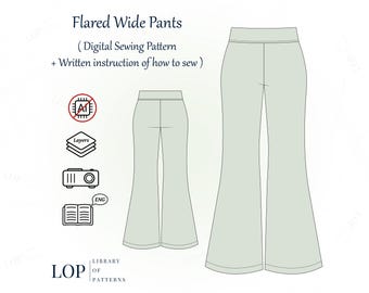 Wide Legs Pants Sewing Pattern, Flared Women's Pants, with Written Instructions