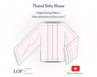 Boho Blouse Sewing Pattern, Pleated Linen Blouse, with Video Instructions to Sew it, Digital Sewing Pattern