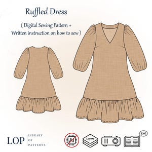 Ruffled Short Midi Dress, V Neck Sundress with Puffed Sleeves, PDF Sewing Pattern