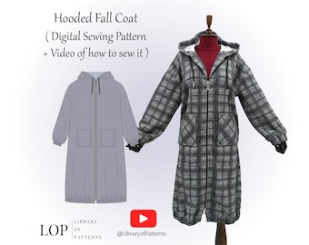 Hooded Fall Coat Sewing Pattern, Oversize Coat Pattern, with Video Instructions to Sew it, Digital Sewing Pattern