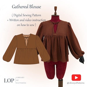 Gathered Blouse Pattern, linen blouse sewing Pattern, Written and Video Instructions to Sew it, Digital Sewing Pattern