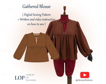 Gathered Blouse Pattern, linen blouse sewing Pattern, Written and Video Instructions to Sew it, Digital Sewing Pattern