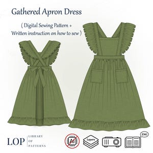 May include: Digital sewing pattern for a gathered apron dress in olive green. The design features a ruffled neckline, cross-back straps, a waist tie, and a ruffled hem. Includes written instructions on how to sew. The text "Gathered Apron Dress" is at the top.