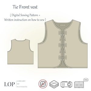 Peut inclure: Patron de couture numérique pour un gilet à nouer devant. Le patron comprend des instructions sur la façon de coudre le gilet. Le gilet est sans manches et a une fermeture à nouer à l'avant. Le patron est disponible en anglais.