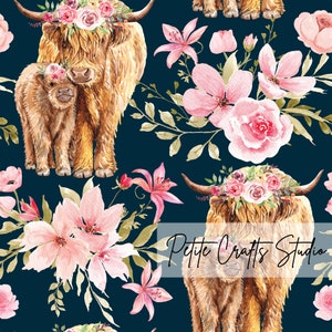 Highland Cow Fabric by The Yard, Pink Flower Upholstery Fabric, Western  Wild Animal Cattle Decorative Fabric, Leaves Flower Indoor Outdoor Fabric,  DIY