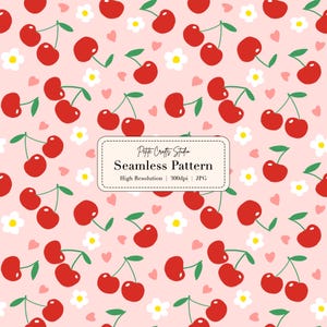 Puede incluir: Patrón sin costuras con cerezas rojas, tallos verdes, flores blancas y corazones rosas sobre un fondo rosa claro. El texto "Petite Crafts Studio Seamless Pattern" está en un rectángulo blanco.