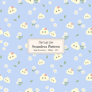 May include: Seamless pattern featuring smiling dumpling characters with floral accents and daisies on a light blue background. The design includes the text "Petite Crafts Studio Seamless Pattern High Resolution 300dpi JPG".