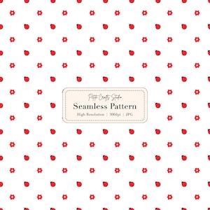 Pode incluir: Um padrão sem costura com joaninhas vermelhas e pequenas flores vermelhas sobre um fundo branco. As joaninhas têm manchas pretas. O texto "Petite Crafts Studio Seamless Pattern" está em uma moldura retangular.