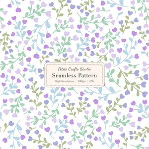 Puede incluir: Patrón floral sin costuras con flores moradas y lavanda en forma de corazón, hojas azul claro y tallos verdes sobre fondo blanco. Se muestra el texto "Petite Crafts Studio Seamless Pattern".