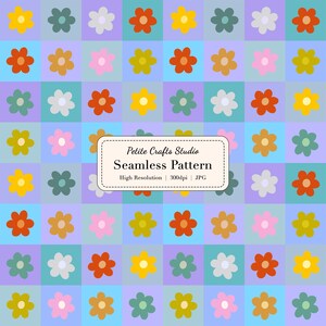 May include: A repeating pattern of colourful flowers in a grid layout. Each flower is a different colour, including yellow, orange, pink, and white. The background alternates between light blue, lavender, and teal squares. The text "Petite Crafts Studio Seamless Pattern" is displayed.