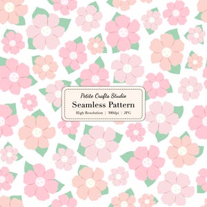 May include: A seamless pattern featuring stylized pink and peach flowers with green leaves on a white background. The design includes the text "Petite Crafts Studio Seamless Pattern". High Resolution 300dpi JPG.