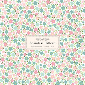 Puede incluir: Un patrón floral sin costuras con una densa disposición de pequeñas flores rosas, azules y verdes sobre un fondo blanco. El diseño incluye el texto "Petite Crafts Studio Seamless Pattern".