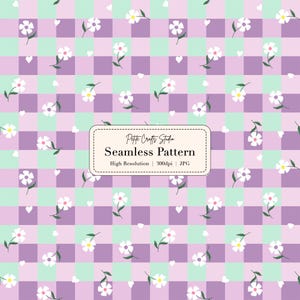 Lavender Gingham Floral Seamless Pattern – Cottagecore Digital Paper, Purple Checkered Flower Print, Spring Fabric Design, Scrapbook paper