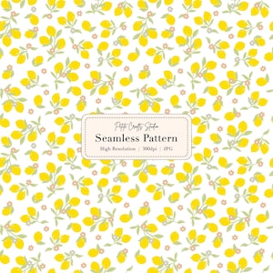 May include: A seamless pattern with yellow lemons, green leaves, and small pink flowers on a white backdrop. The design includes the text "Petite Crafts Studio Seamless Pattern High Resolution 300dpi JPG".