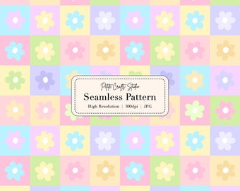 Pastel Gingham Floral Seamless Pattern – Spring Digital Paper, Soft Checkered Flower Background, Cottagecore Fabric & Scrapbooking Design