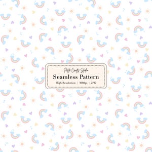 May include: A seamless pattern featuring pastel rainbows, suns, hearts, and rain clouds on a white background. The design includes the text "Petite Crafts Studio Seamless Pattern" with resolution details.