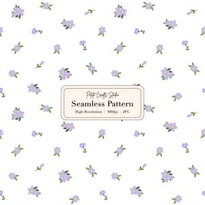 May include: A seamless pattern featuring scattered light purple flowers with green leaves on a white background. The design includes small clusters of flowers and individual blooms. The text "Petite Crafts Studio Seamless Pattern" is displayed.